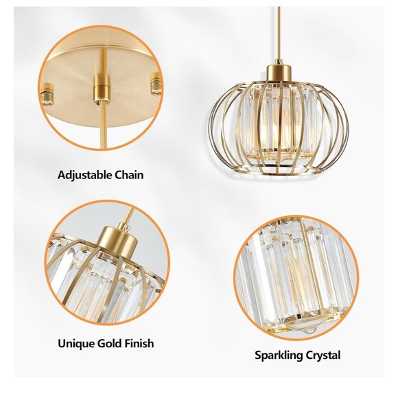 XSDeTu 1 Single Gold Crystal Pendant Light Kitchen Light Adjustable 59 inch Cord - Picture 9 of 14